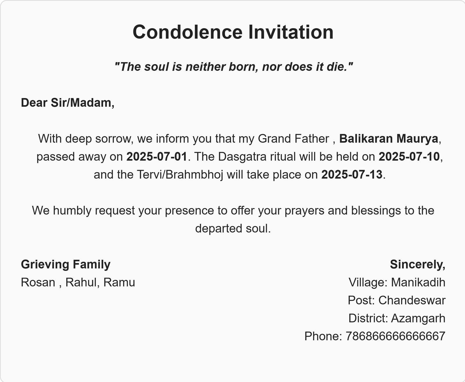 Free tervi invitation card online, free tervi invitation card online with name, tervi invitation card in english free, tervi invitation message in english, shradh invitation message in english, hindu death ceremony invitation card template free